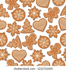 Festive Christmas seamless pattern with gingerbread  on white background. Vector