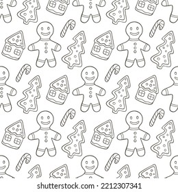 Festive Christmas seamless pattern with gingerbread Man, house, christmas tree and candy canes on a white background. Hand drawn doodle vector illustration