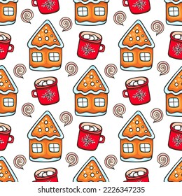 Festividad navideña sin fisuras con casa de pan de jengibre y chocolate caliente sobre un fondo blanco. Fondo del vector del doodle dibujado a mano