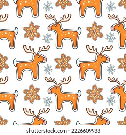 Festive Christmas seamless pattern with gingerbread deer and snowflakes on a white background. Hand drawn doodle vector background