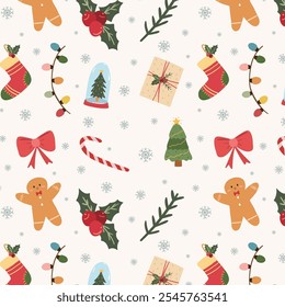 Festive christmas seamless pattern with gingerbread, gift boxes, christmas trees and winter element. Christmas pattern design for seasonal designs, wrapping paper, greeting cards. Winter wonderland.