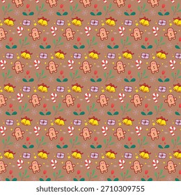 Festive Christmas Seamless Pattern with Gingerbread Men and Decorations