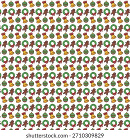 Festive Christmas seamless pattern with gingerbread men wreaths and ornaments