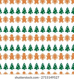 Festive Christmas seamless pattern with a gingerbread man and a Christmas tree. Vector illustration.
