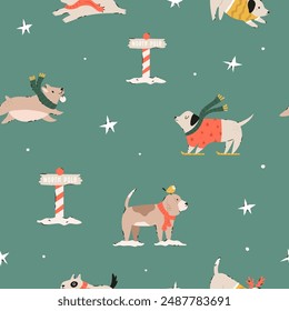 Festive Christmas seamless pattern with hand-drawn adorable dogs. Holiday vector illustration with funny characters