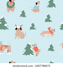 Festive Christmas seamless pattern with hand-drawn adorable dogs. Holiday vector illustration with funny characters
