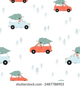 Festive Christmas seamless pattern with hand-drawn adorable dogs. Holiday vector illustration with funny characters