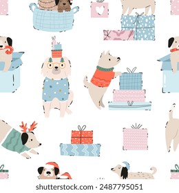 Festive Christmas seamless pattern with hand-drawn adorable dogs. Holiday vector illustration with funny characters