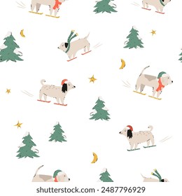 Festive Christmas seamless pattern with hand-drawn adorable dogs. Holiday vector illustration with funny characters