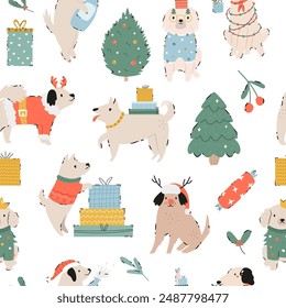 Festive Christmas seamless pattern with hand-drawn adorable dogs