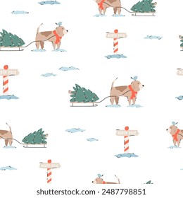 Festive Christmas seamless pattern with hand-drawn adorable beagle dogs. Holiday vector illustration with funny characters