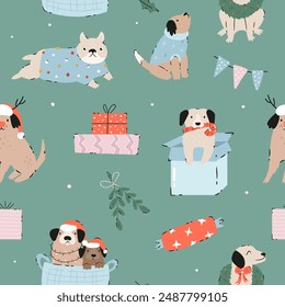 Festive Christmas seamless pattern with hand-drawn adorable dogs. Holiday vector illustration with funny characters