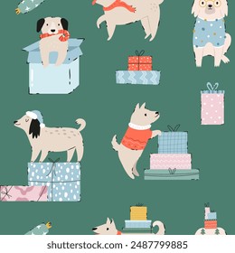 Festive Christmas seamless pattern with hand-drawn adorable dogs. Holiday vector illustration with funny characters