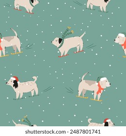 Festive Christmas seamless pattern with hand-drawn adorable dogs. Holiday vector illustration with funny characters