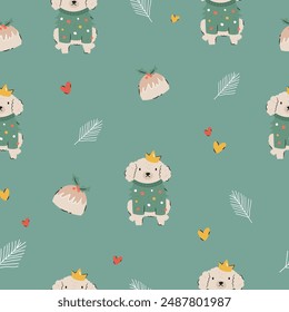 Festive Christmas seamless pattern with hand-drawn adorable dogs. Holiday vector illustration with funny characters
