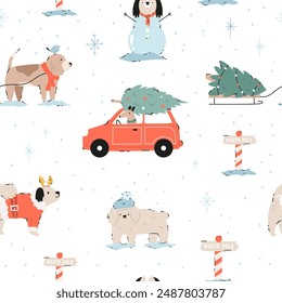 Festive Christmas seamless pattern with hand-drawn adorable dogs. Holiday vector illustration with funny characters