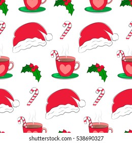 Festive Christmas seamless pattern with hot chocolate mug, sweet candy, Santa hat and Christmas-berry. 