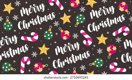 Festive Christmas Seamless Pattern with Merry Christmas Lettering Candy Canes Colorful Ornaments Stars and Snowflakes on Dark Background Vector Illustration