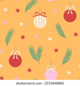 Festive Christmas seamless pattern with minimalist pine tree branches, baubles, and cute small stars on a warm yellow background. Winter design for seasonal projects, packaging, scrapbooking, etc.