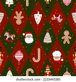 Festive Christmas seamless pattern. Red and green harlequin background with Santa, nutcracker and ginger toys.