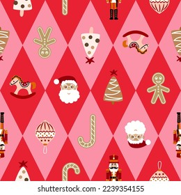 Festive Christmas seamless pattern. Red and pink harlequin background with Santa, nutcracker and ginger toys.