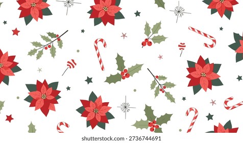 Festive Christmas seamless pattern with red poinsettia flowers, holly berries, candy canes, and stars on a white background.
