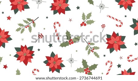Festive Christmas seamless pattern with red poinsettia flowers, holly berries, candy canes, and stars on a white background.