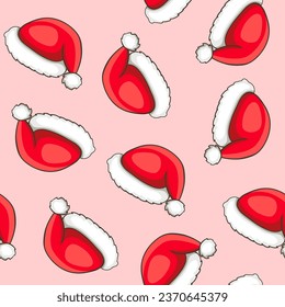 Festive Christmas seamless pattern with Santa Claus hat. Hand drawn doodle vector background
