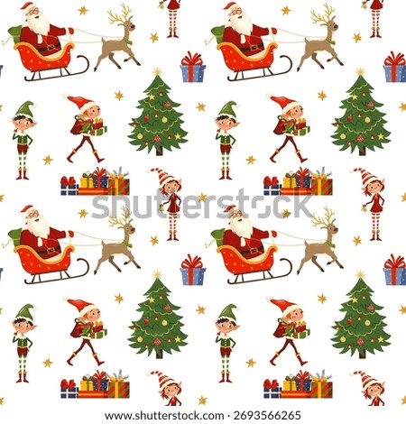 Festive Christmas seamless pattern with Santa and cheerful elves, sleigh full of gifts, deer. Cute holiday design for wrapping paper, fabric, greeting cards, winter decor. Vector colorful background