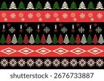Festive Christmas seamless pattern with snowflakes, candles, pine trees, and geometric shapes in red, green, and white on black background. Perfect for holiday design, textile, and decoration. Christmas seamless pattern sweater texture in Nordic fair isle style on black background, featuring geometric green and white pine trees, red snowflake rows, white snowflakes, and traditional diamond tribal borders, perfect for winter holiday textiles, ugly sweater designs, wrapping paper, and festive print-on-demand products. Christmas Seamless Pattern with Winter Trees and Snowflakes in Traditional Nordic Fair Isle Design, Perfect for Festive Graphic Design, Holiday Textiles, and Vintage Ugly Sweater Assets.