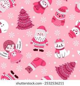 Festive Christmas  seamless pattern with snowflakes, Santa Claus and Christmas trees  in  pink and red color palette.