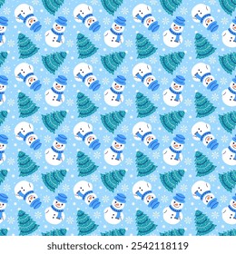 Festive Christmas  seamless pattern with snowflakes, snowman and Christmas trees on blue background.
