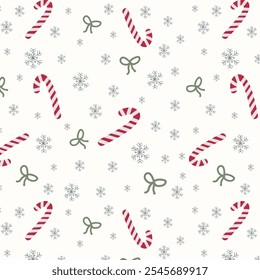 Festive Christmas seamless pattern with snowflakes, candy cane and ribbon. Christmas pattern design for seasonal projects, wrapping paper, holiday crafts.