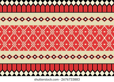 Festive Christmas seamless pattern with snowflakes, candles, pine trees, and geometric shapes in red, green, and white on black background. Perfect for holiday design, textile, and decoration.