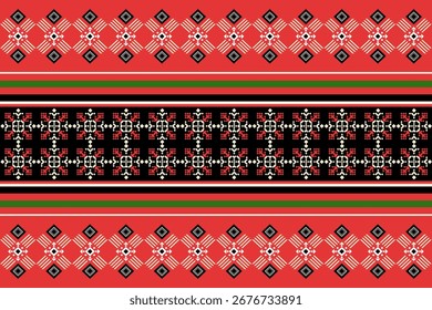 Festive Christmas seamless pattern with snowflakes, candles, pine trees, and geometric shapes in red, green, and white on black background. Perfect for holiday design, textile, and decoration.