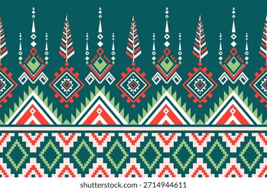 Festive Christmas seamless pattern with snowflakes, candles, pine trees, and geometric shapes in red, green, and white on black background. Perfect for holiday design, textile, and decoration.