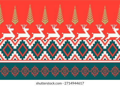Festive Christmas seamless pattern with snowflakes, candles, pine trees, and geometric shapes in red, green, and white on black background. Perfect for holiday design, textile, and decoration.
