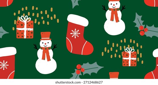 Festivo Natal sem emenda padrão com bonecos de neve e meias