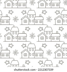 Festive Christmas seamless pattern with snowy houses on a white background. Hand drawn doodle vector illustration