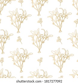 Festive Christmas seamless pattern, traditional xmas plants mistletoe branches and holly berry in Scandinavian line style, golden colors. Trendy ornate for New Year decoration, on white background.