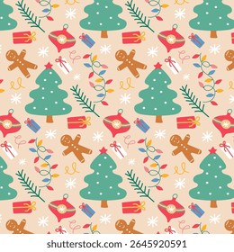 Festive Christmas seamless pattern with trees, ornaments, and gingerbread man. Holiday background for wrapping paper or fabric.