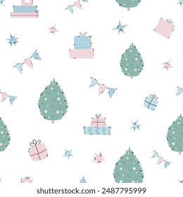 Festive Christmas seamless pattern with wrapped gift boxes, Christmas trees, decorations