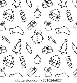 Festive Christmas Seamless Vector Pattern with Doodles of Snowmen, Trees, Gifts, and Holiday Elements for Seasonal Designs.