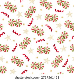 Patrón de Vector sin fisuras de Navidades festivas con piruletas a rayas, estrellas brillantes de oro dispersas y confeti rojo sobre un fondo oscuro, diseño navideño juguetón para envolver papel, textiles, Fondo de pantalla, empaques e impresiones digitales.