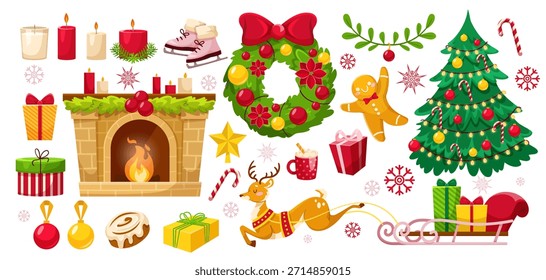 Navidades festivas con árbol decorado, regalos, chimenea, corona, velas y pan de jengibre sobre fondo blanco. Ilustración vectorial