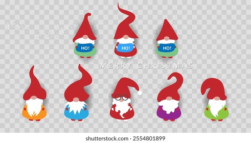 Festive Christmas, set Scandinavian nordic gnome, cute Christmas Santa Gnomes, Ho Ho Ho Elf. Vector clipart isolated for card Xmas elements design
