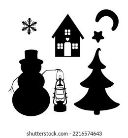 festive Christmas set of silhouettes of a snowman, a Christmas tree, an old lamp, snowflakes, a village house, moon and stars