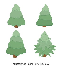 Festive Christmas set of stylized green Christmas trees, for design of postcards, textiles, patterns