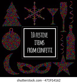 Festive Christmas set of ten items. Bottle, glass, snowflake, Christmas tree, carnival mask, star, moon, serpentine, Christmas toy, green, blue, red confetti. Collection of 10 design elements.