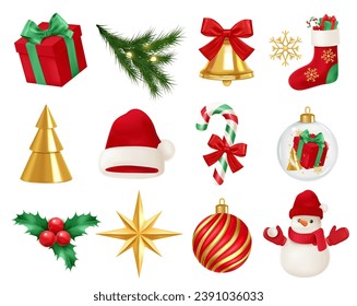 Festive Christmas set with Christmas tree and holiday decorations with balls, stars, snowflakes. Christmas template for banner, ticket, flyer, postcard, invitation, poster 